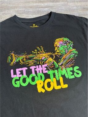 Mardi Gras Black T-Shirt with Colorful Trumpet Player Graphic and 'Let the  '